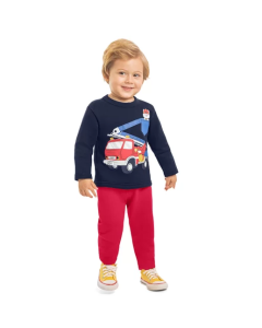 Conjunto Bebê Longo Kyly Moletom Peluciado Estampado Menino - Marinho